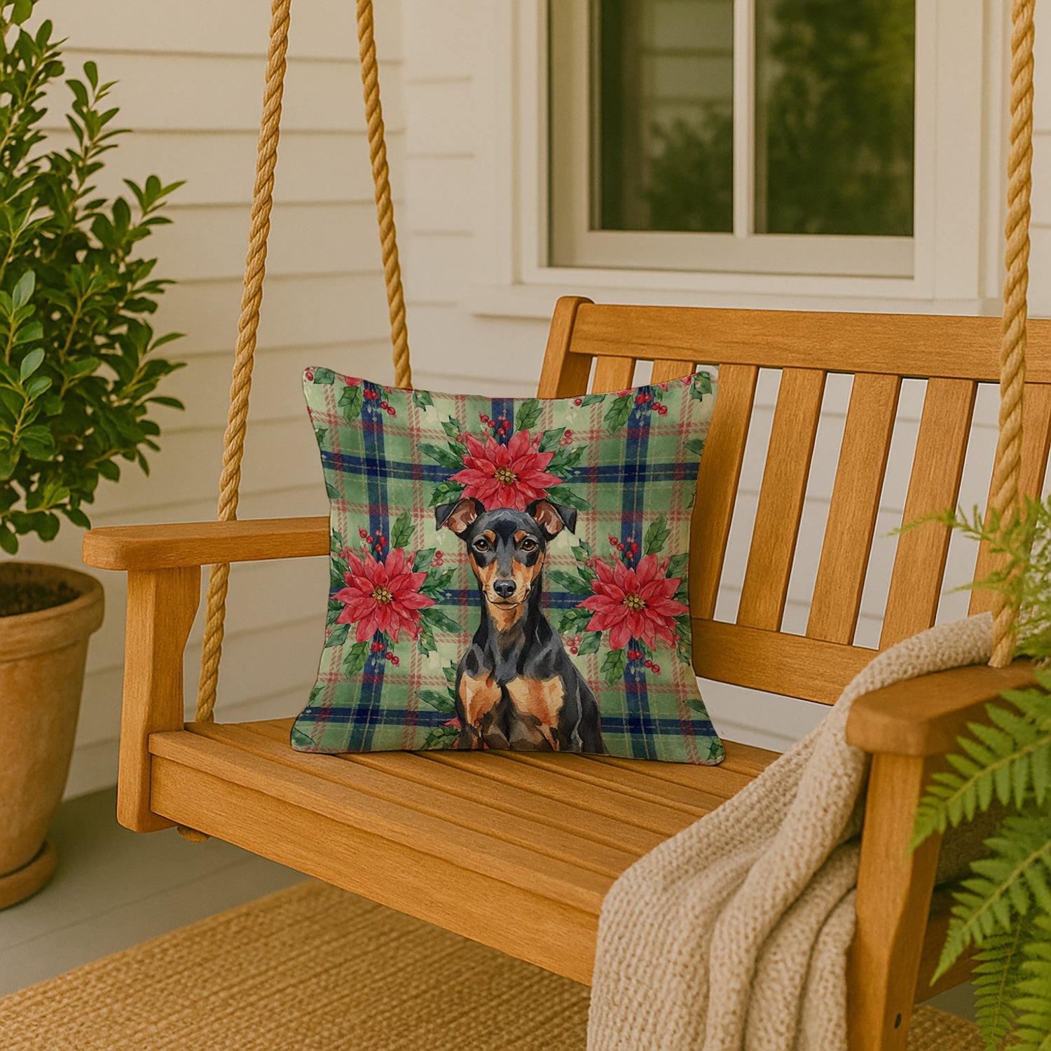 Manchester Terrier Christmas PoinsettIas Decorative Throw Pillow 18x18 Indoor Outdoor Accent Cushion, Fabric Cover with Insert for Sofa, Bed, Porch & Living Room