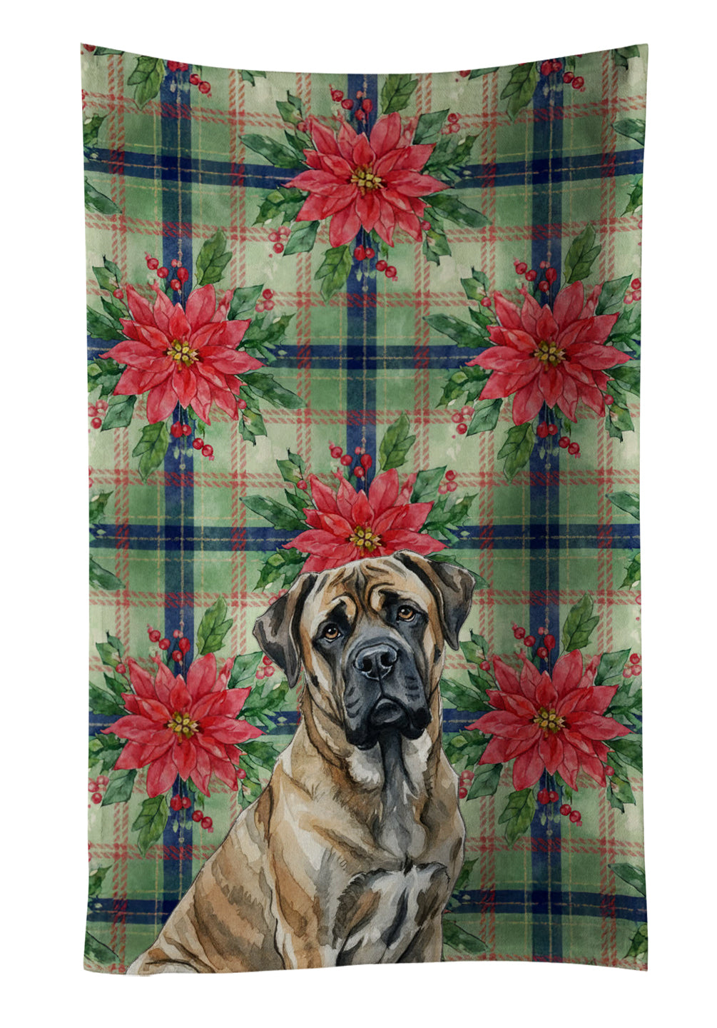 Brindle Mastiff Christmas PoinsettIas Kitchen Towel Velour Plush Front and Cotton Loop Back Machine Washable