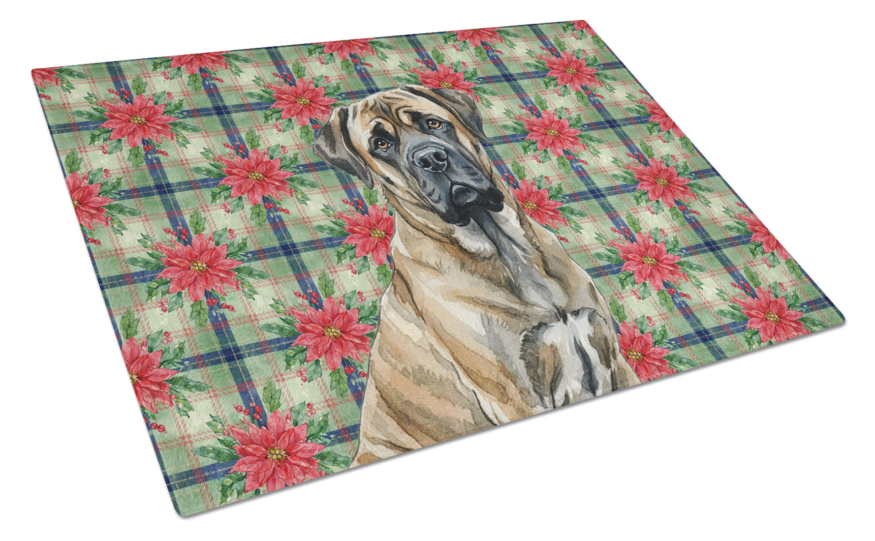 Brindle Mastiff Christmas PoinsettIas Cutting Board Tempered Glass Kitchen Cutting Surface, Heat Resistant Chopping, Non-Slip Feet, Food Prep & Serving