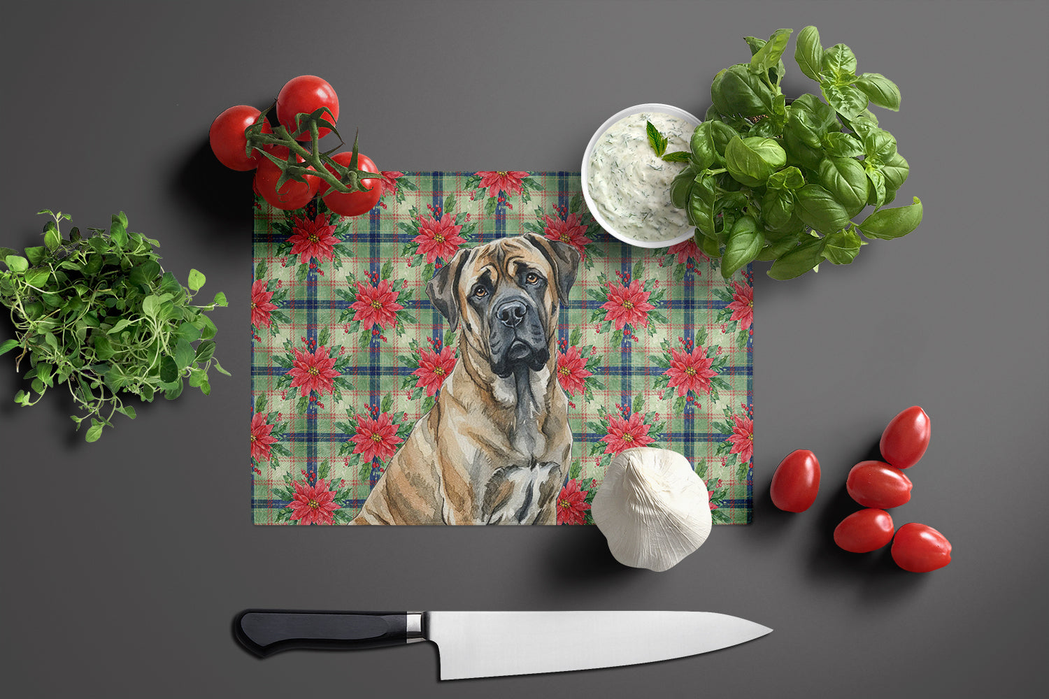 Brindle Mastiff Christmas PoinsettIas Cutting Board Tempered Glass Kitchen Cutting Surface, Heat Resistant Chopping, Non-Slip Feet, Food Prep & Serving