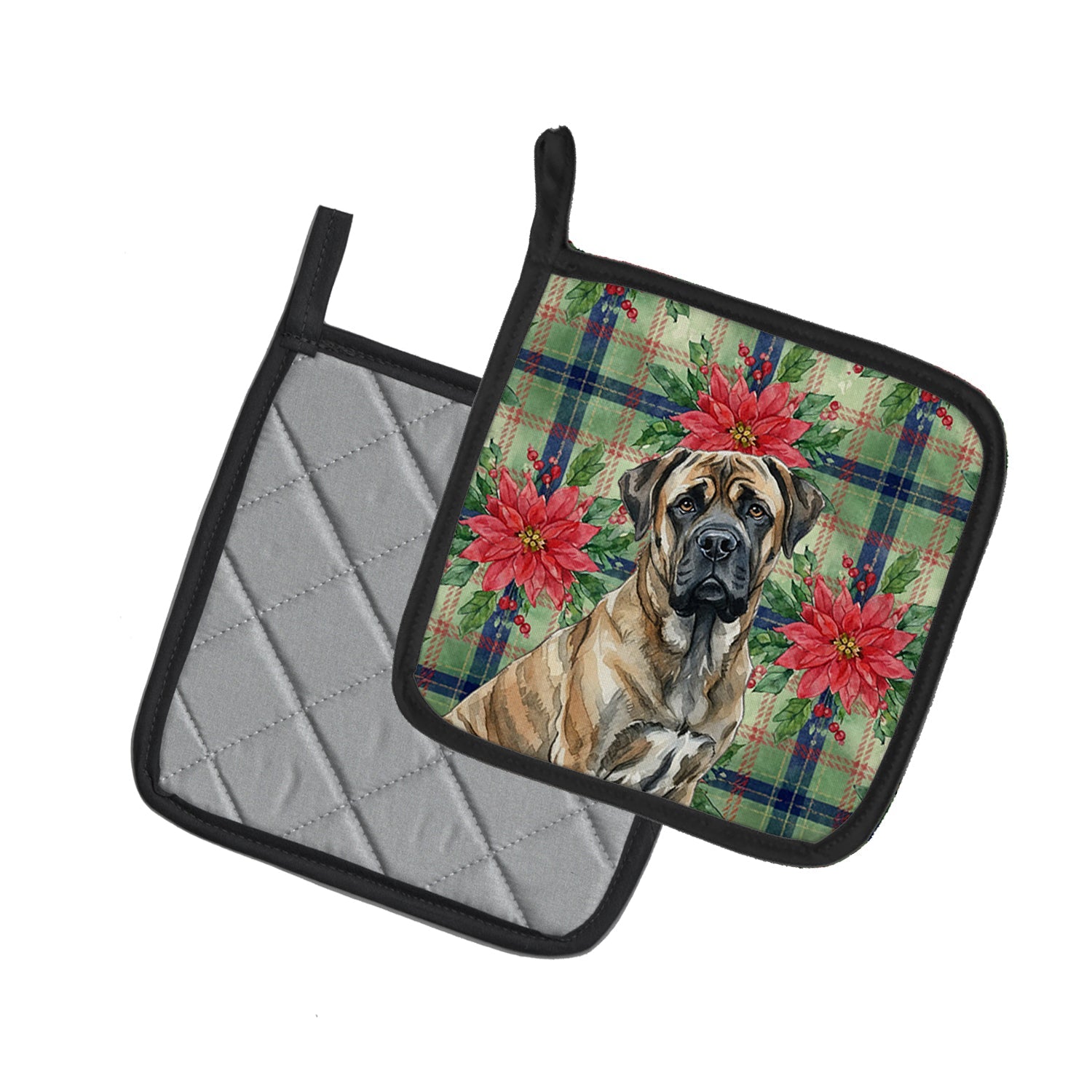 Brindle Mastiff Christmas PoinsettIas Pot Holder Set of 2 Heat Resistant Quilted Hot Pads 7.5 x 7.5 Inch, Insulated Kitchen Trivets for Cooking & Baking