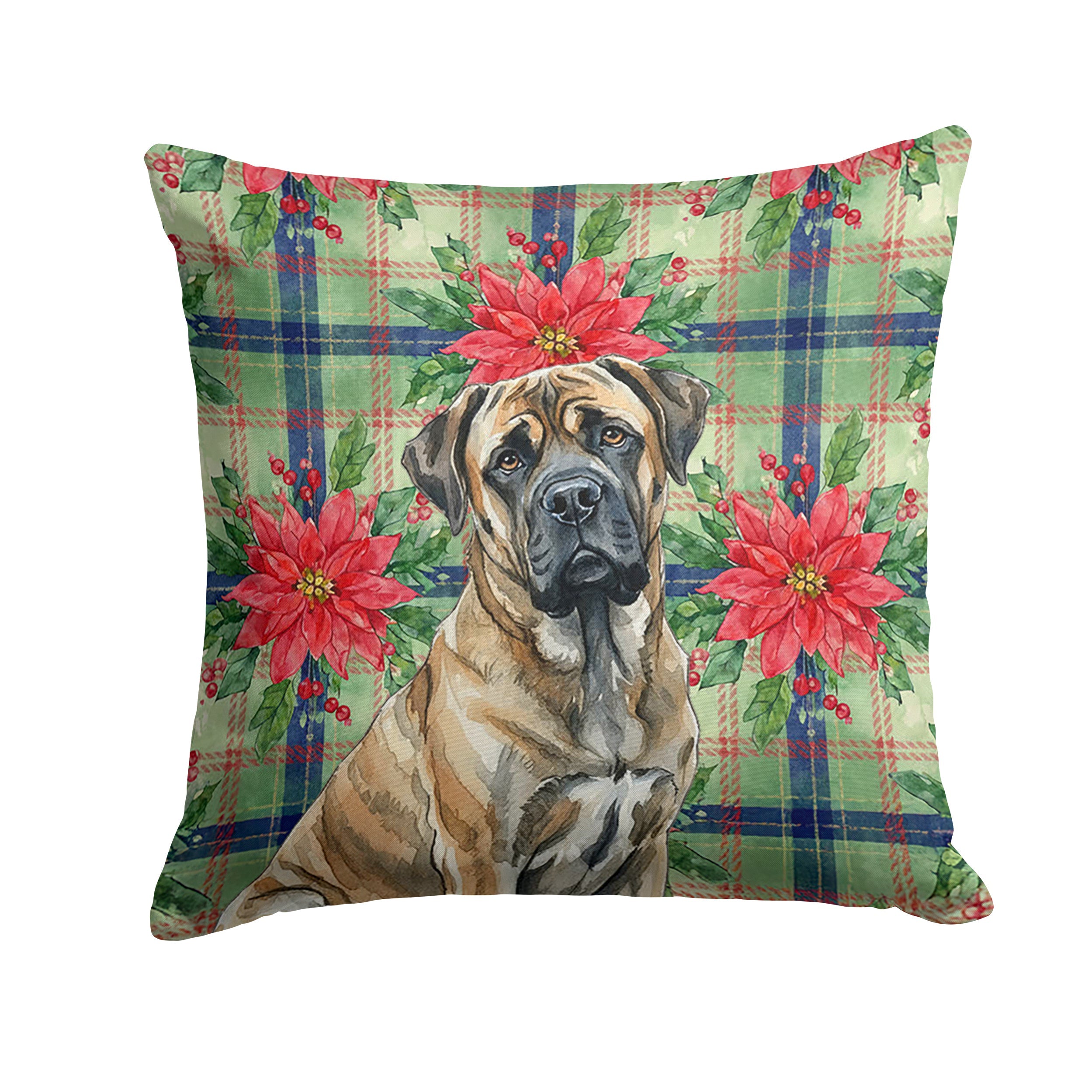 Brindle Mastiff Christmas PoinsettIas Decorative Throw Pillow 14x14 Indoor Outdoor Accent Cushion, Fabric Cover with Insert for Sofa, Bed, Porch & Living Room
