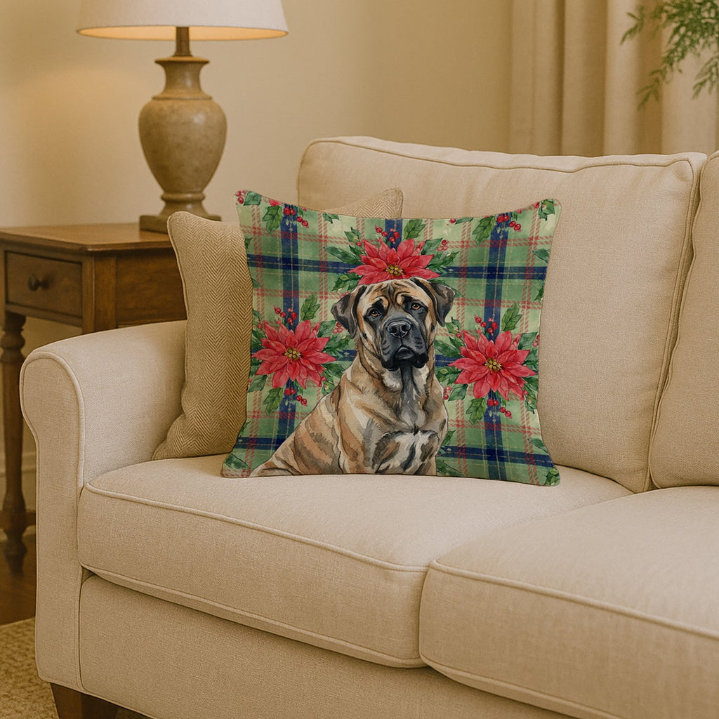 Brindle Mastiff Christmas PoinsettIas Decorative Throw Pillow 14x14 Indoor Outdoor Accent Cushion, Fabric Cover with Insert for Sofa, Bed, Porch & Living Room