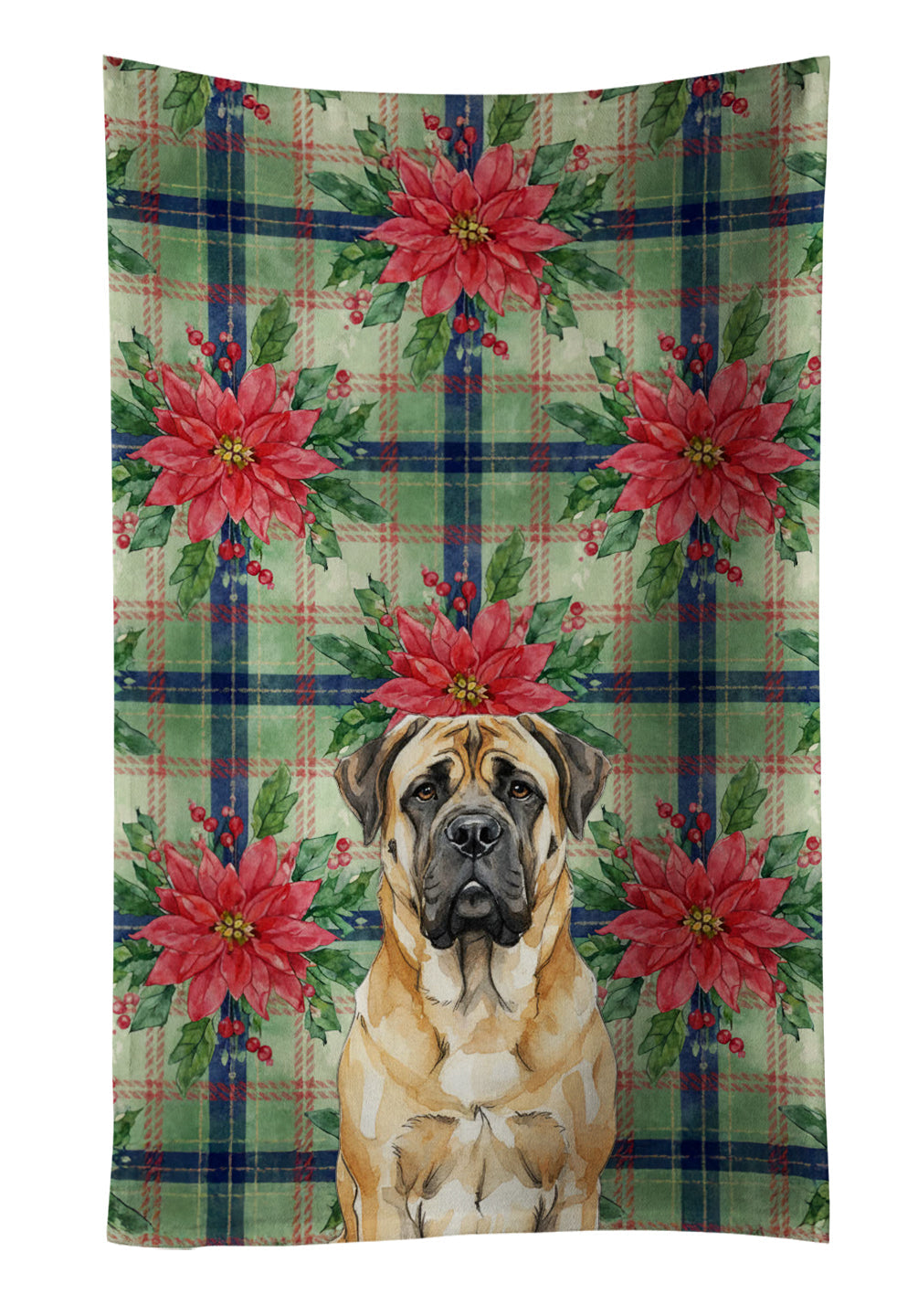 Fawn Mastiff Christmas PoinsettIas Kitchen Towel Velour Plush Front and Cotton Loop Back Machine Washable