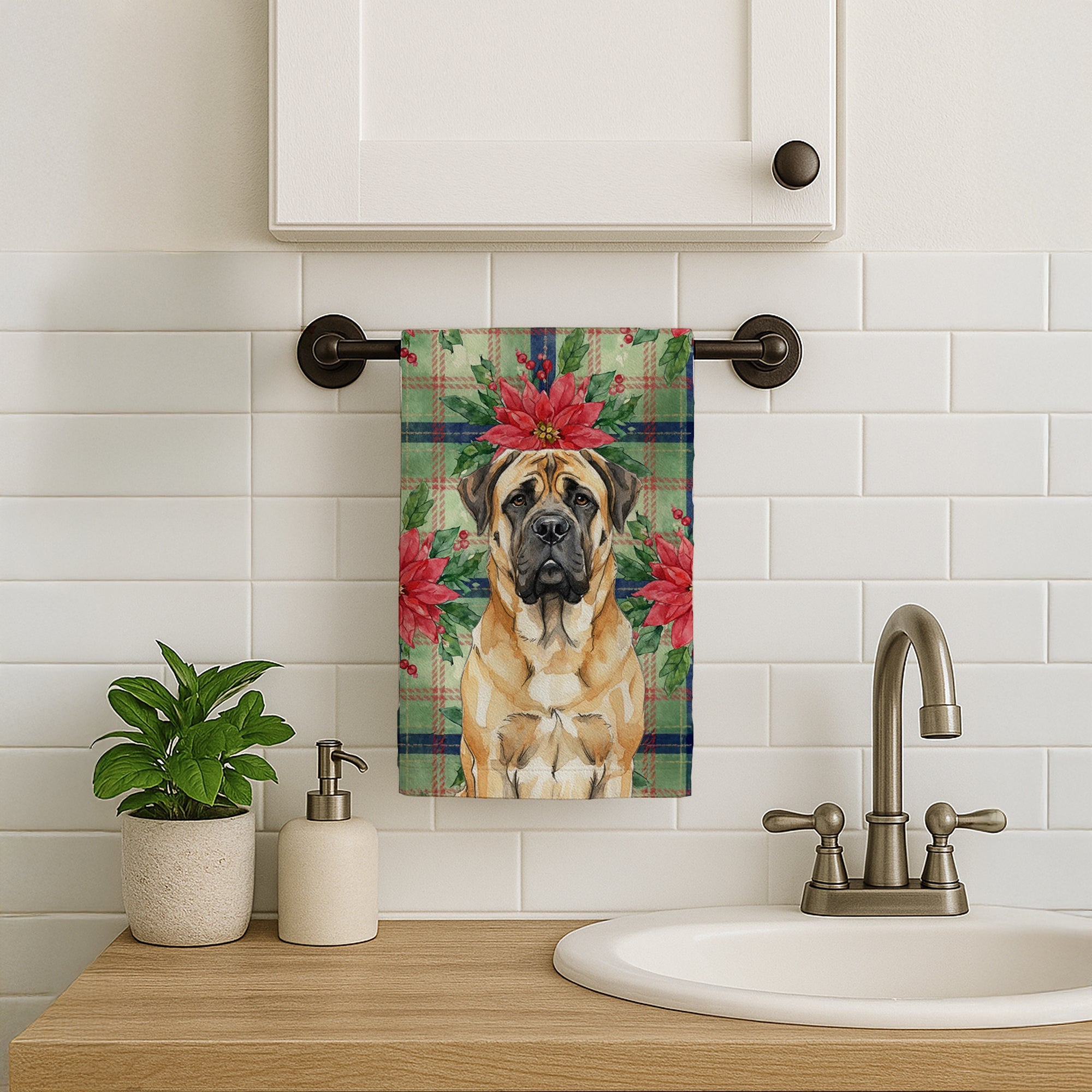 Fawn Mastiff Christmas PoinsettIas Kitchen Towel Velour Plush Front and Cotton Loop Back Machine Washable