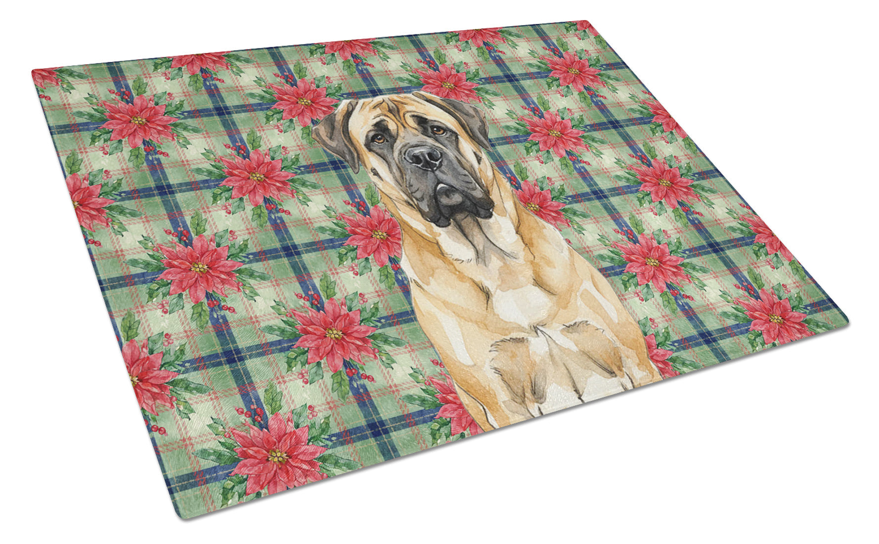 Fawn Mastiff Christmas PoinsettIas Cutting Board Tempered Glass Kitchen Cutting Surface, Heat Resistant Chopping, Non-Slip Feet, Food Prep & Serving