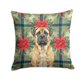 Fawn Mastiff Christmas PoinsettIas Decorative Throw Pillow 14x14 Indoor Outdoor Accent Cushion, Fabric Cover with Insert for Sofa, Bed, Porch & Living Room