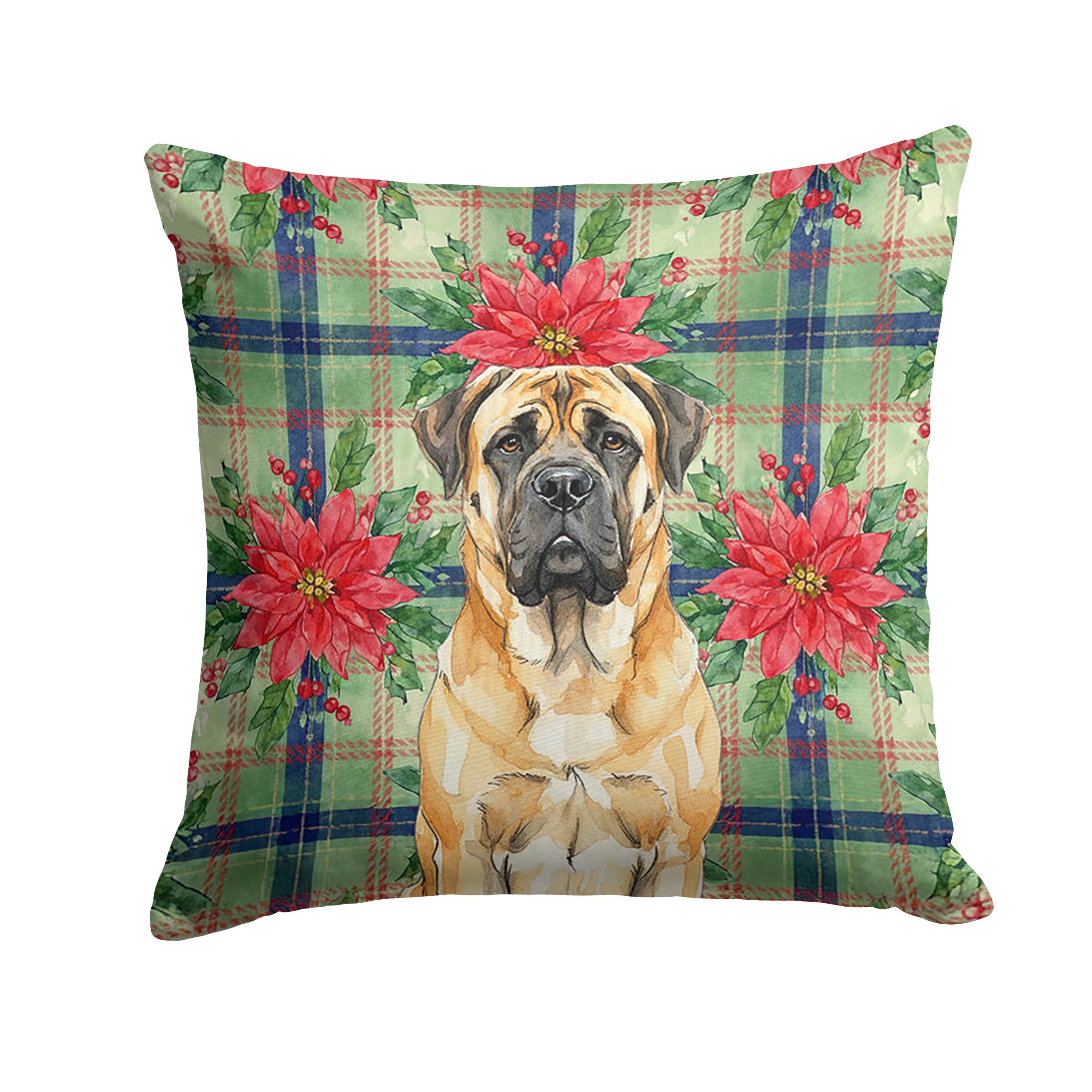 Fawn Mastiff Christmas PoinsettIas Decorative Throw Pillow 14x14 Indoor Outdoor Accent Cushion, Fabric Cover with Insert for Sofa, Bed, Porch & Living Room