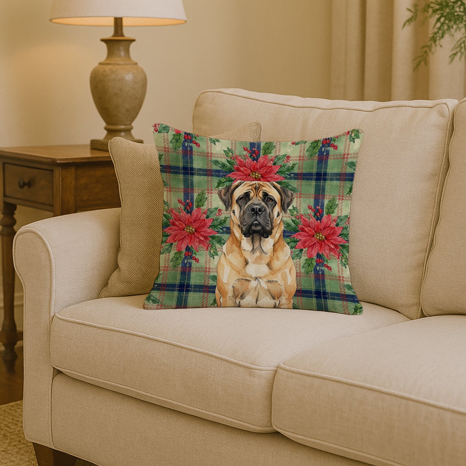 Fawn Mastiff Christmas PoinsettIas Decorative Throw Pillow 14x14 Indoor Outdoor Accent Cushion, Fabric Cover with Insert for Sofa, Bed, Porch & Living Room