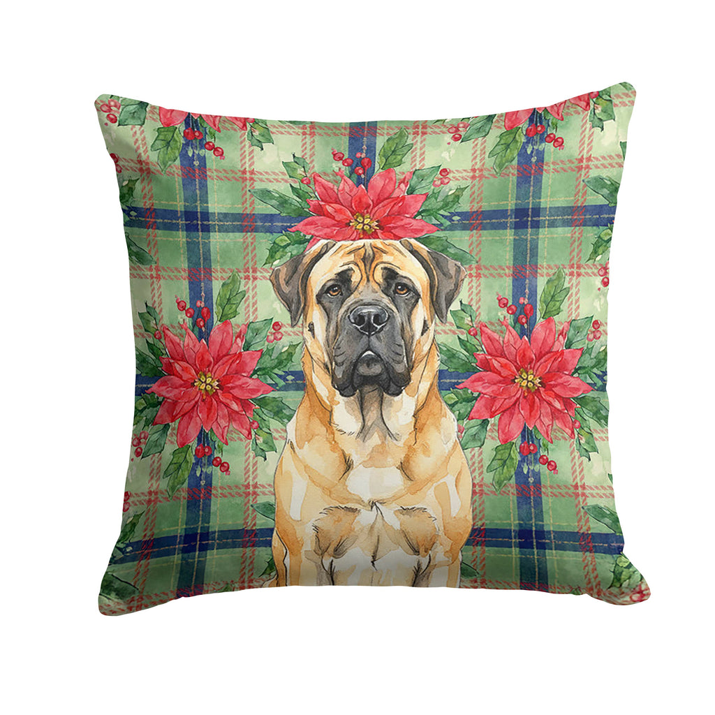 Fawn Mastiff Christmas PoinsettIas Decorative Throw Pillow 18x18 Indoor Outdoor Accent Cushion, Fabric Cover with Insert for Sofa, Bed, Porch & Living Room