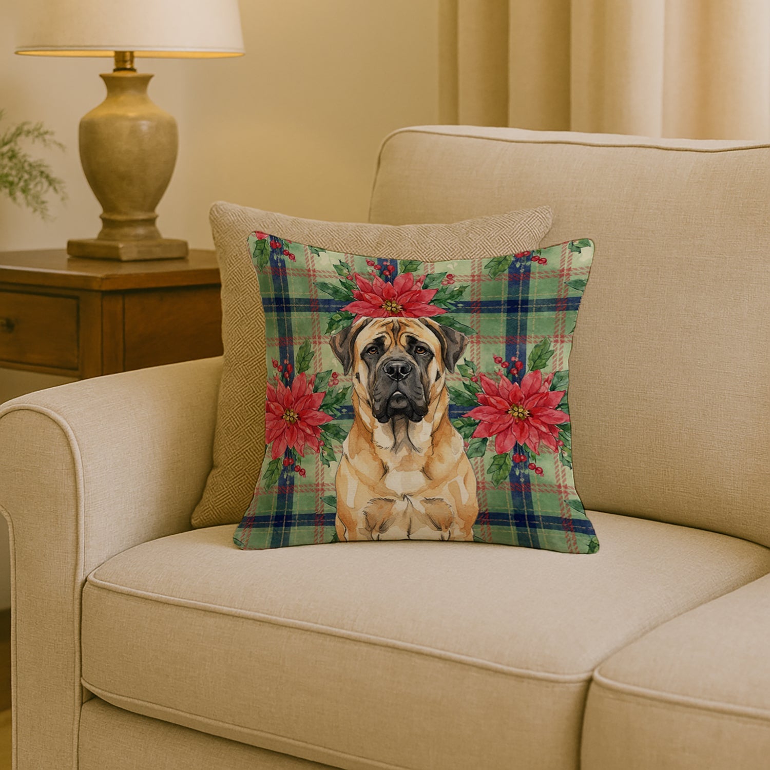 Fawn Mastiff Christmas PoinsettIas Decorative Throw Pillow 18x18 Indoor Outdoor Accent Cushion, Fabric Cover with Insert for Sofa, Bed, Porch & Living Room