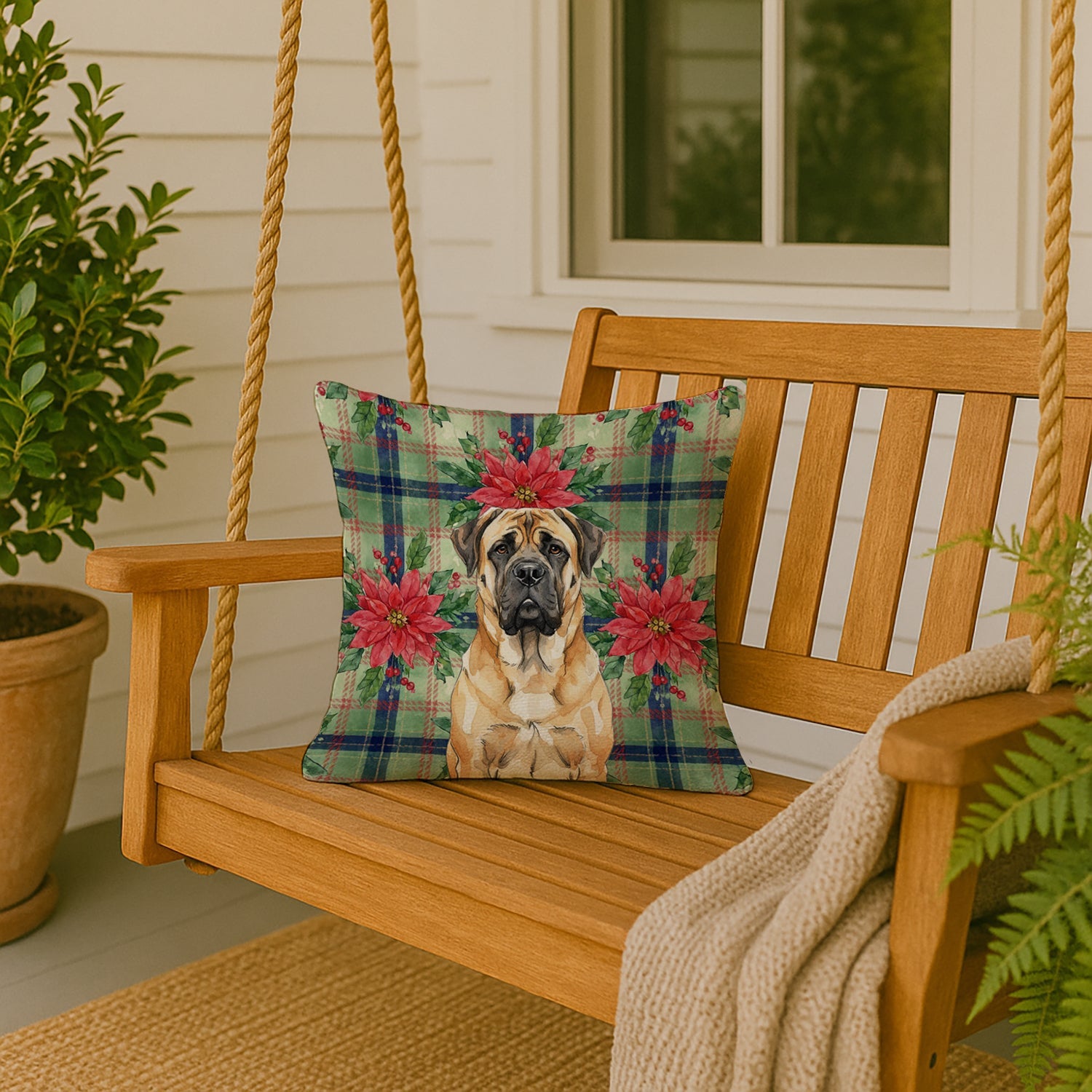 Fawn Mastiff Christmas PoinsettIas Decorative Throw Pillow 18x18 Indoor Outdoor Accent Cushion, Fabric Cover with Insert for Sofa, Bed, Porch & Living Room