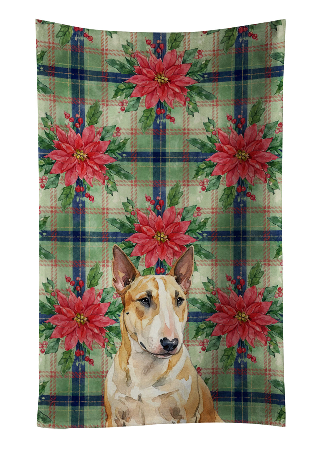 Miniature Bull Terrier Christmas PoinsettIas Kitchen Towel Velour Plush Front and Cotton Loop Back Machine Washable