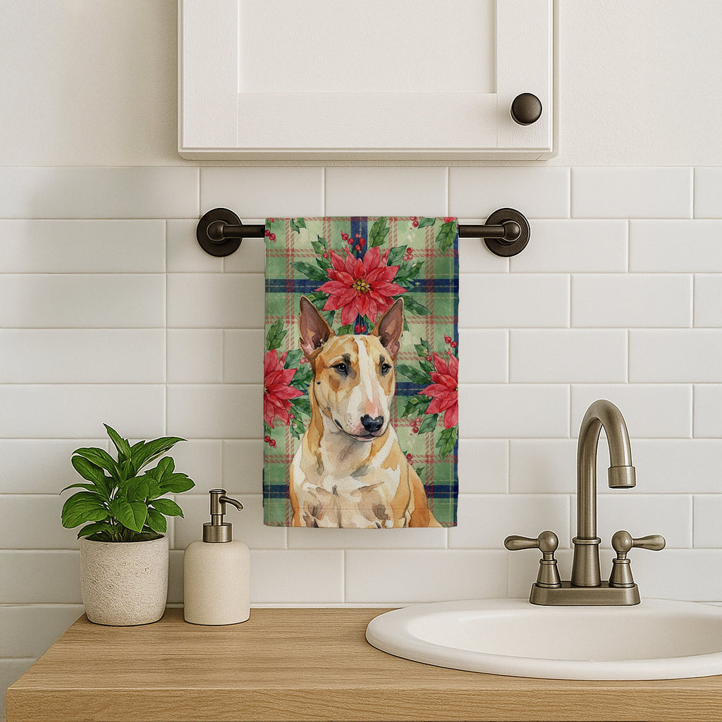 Miniature Bull Terrier Christmas PoinsettIas Kitchen Towel Velour Plush Front and Cotton Loop Back Machine Washable