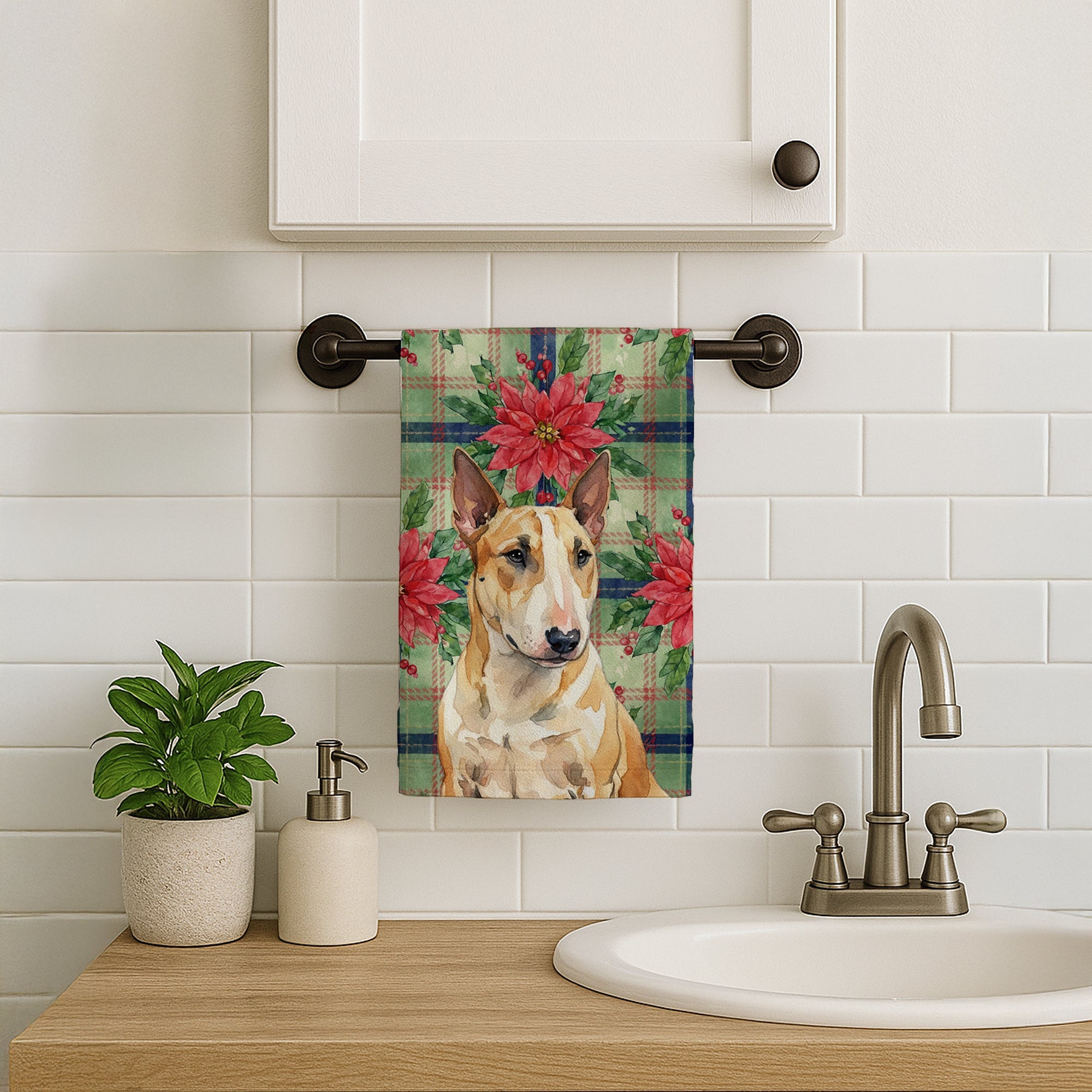 Miniature Bull Terrier Christmas PoinsettIas Kitchen Towel Velour Plush Front and Cotton Loop Back Machine Washable