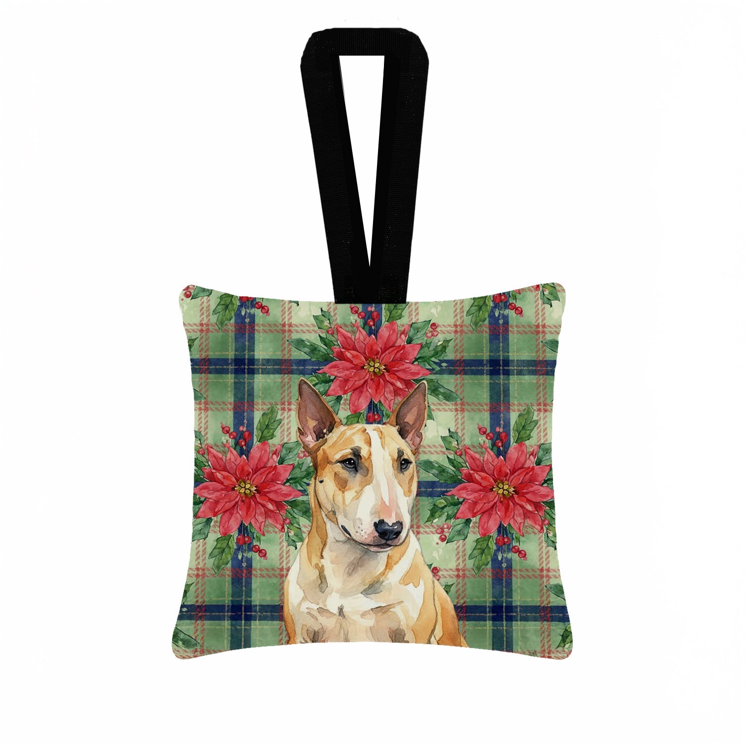 Miniature Bull Terrier Christmas PoinsettIas Hanging Square Fabric Ornament 3.5 � 3.5 Decorative Door-Knob & Tree Hanger, Soft Fabric