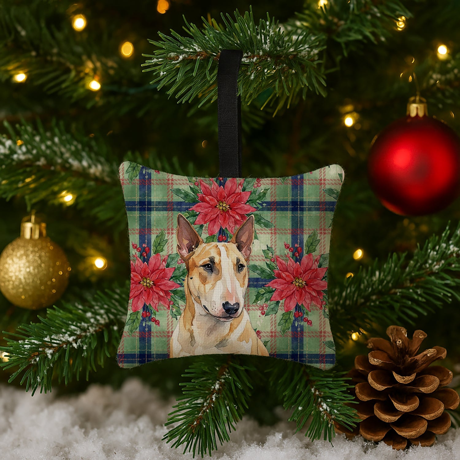 Miniature Bull Terrier Christmas PoinsettIas Hanging Square Fabric Ornament 3.5 � 3.5 Decorative Door-Knob & Tree Hanger, Soft Fabric