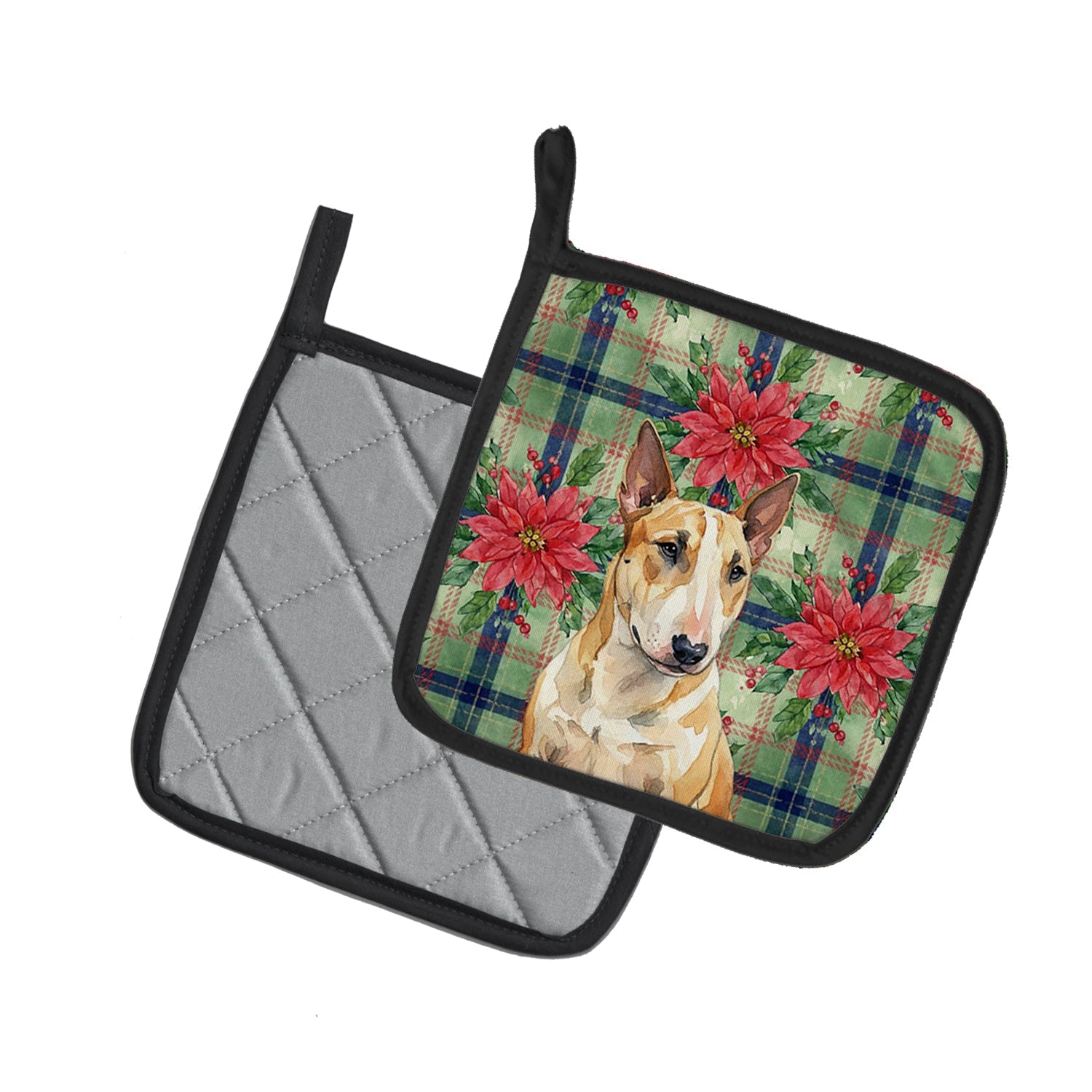 Miniature Bull Terrier Christmas PoinsettIas Pot Holder Set of 2 Heat Resistant Quilted Hot Pads 7.5 x 7.5 Inch, Insulated Kitchen Trivets for Cooking & Baking