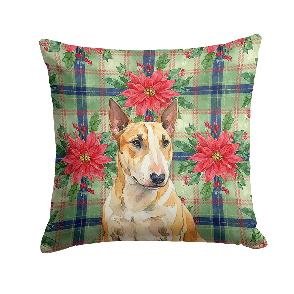 Miniature Bull Terrier Christmas PoinsettIas Decorative Throw Pillow 14x14 Indoor Outdoor Accent Cushion, Fabric Cover with Insert for Sofa, Bed, Porch & Living Room