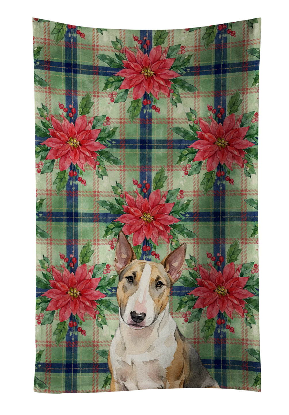 Tricolor Miniature Bull Terrier Christmas PoinsettIas Kitchen Towel Velour Plush Front and Cotton Loop Back Machine Washable