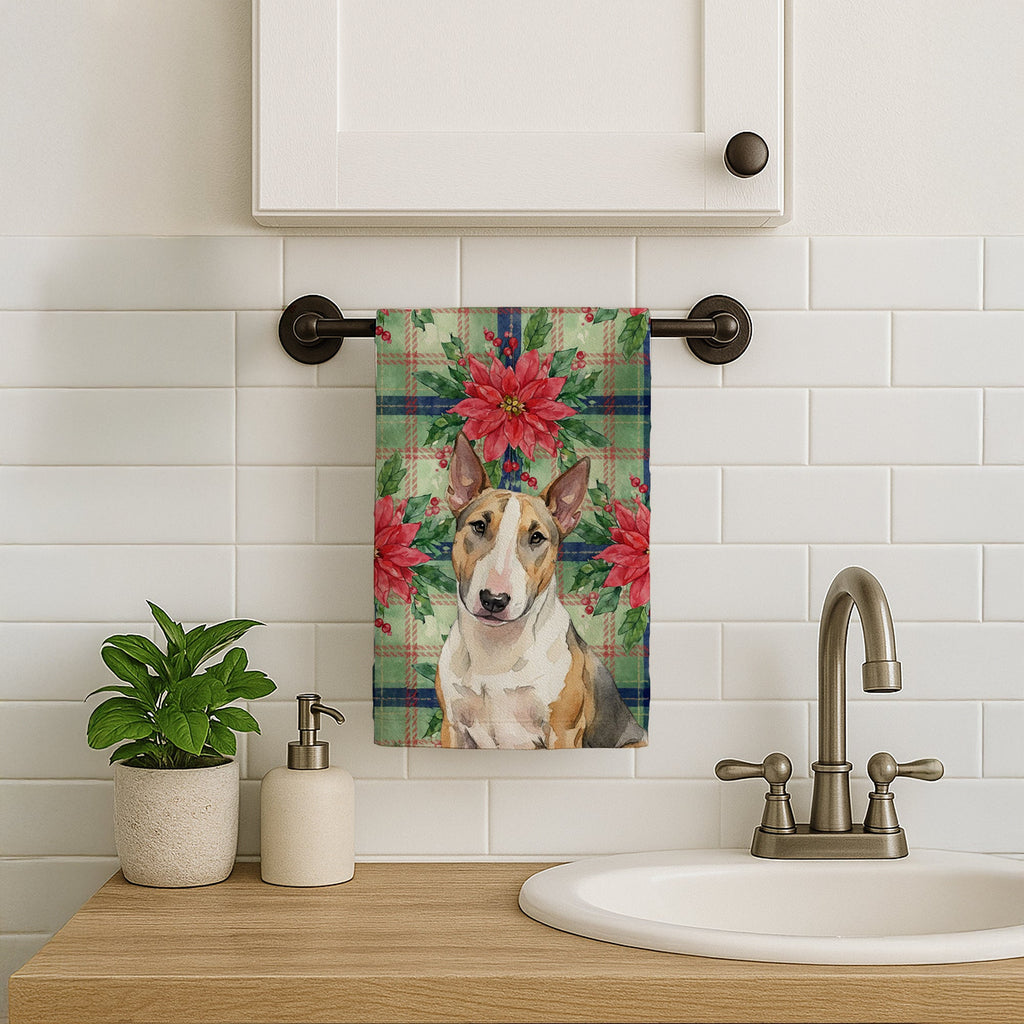 Tricolor Miniature Bull Terrier Christmas PoinsettIas Kitchen Towel Velour Plush Front and Cotton Loop Back Machine Washable