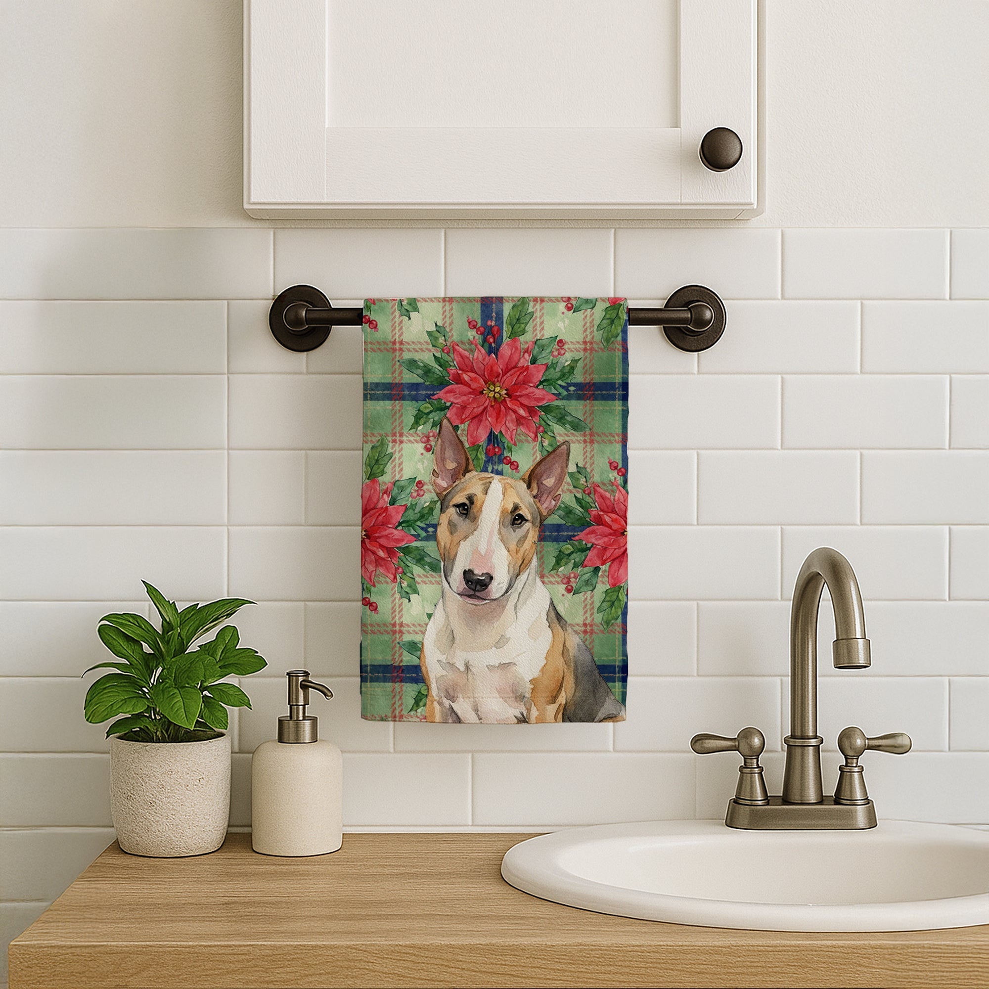 Tricolor Miniature Bull Terrier Christmas PoinsettIas Kitchen Towel Velour Plush Front and Cotton Loop Back Machine Washable
