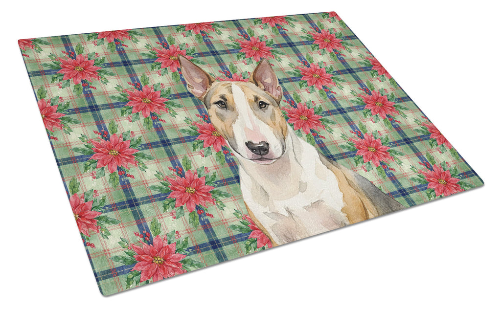 Tricolor Miniature Bull Terrier Christmas PoinsettIas Cutting Board Tempered Glass Kitchen Cutting Surface, Heat Resistant Chopping, Non-Slip Feet, Food Prep & Serving