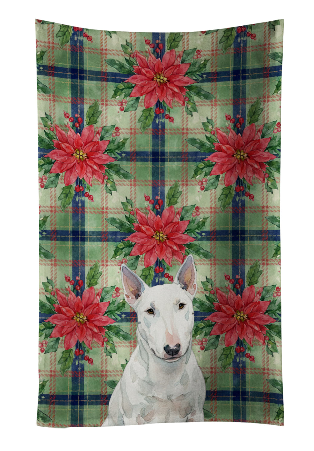 White Miniature Bull Terrier Christmas PoinsettIas Kitchen Towel Velour Plush Front and Cotton Loop Back Machine Washable