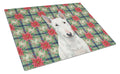 White Miniature Bull Terrier Christmas PoinsettIas Cutting Board Tempered Glass Kitchen Cutting Surface, Heat Resistant Chopping, Non-Slip Feet, Food Prep & Serving