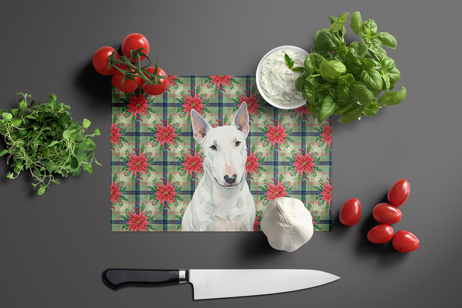 White Miniature Bull Terrier Christmas PoinsettIas Cutting Board Tempered Glass Kitchen Cutting Surface, Heat Resistant Chopping, Non-Slip Feet, Food Prep & Serving