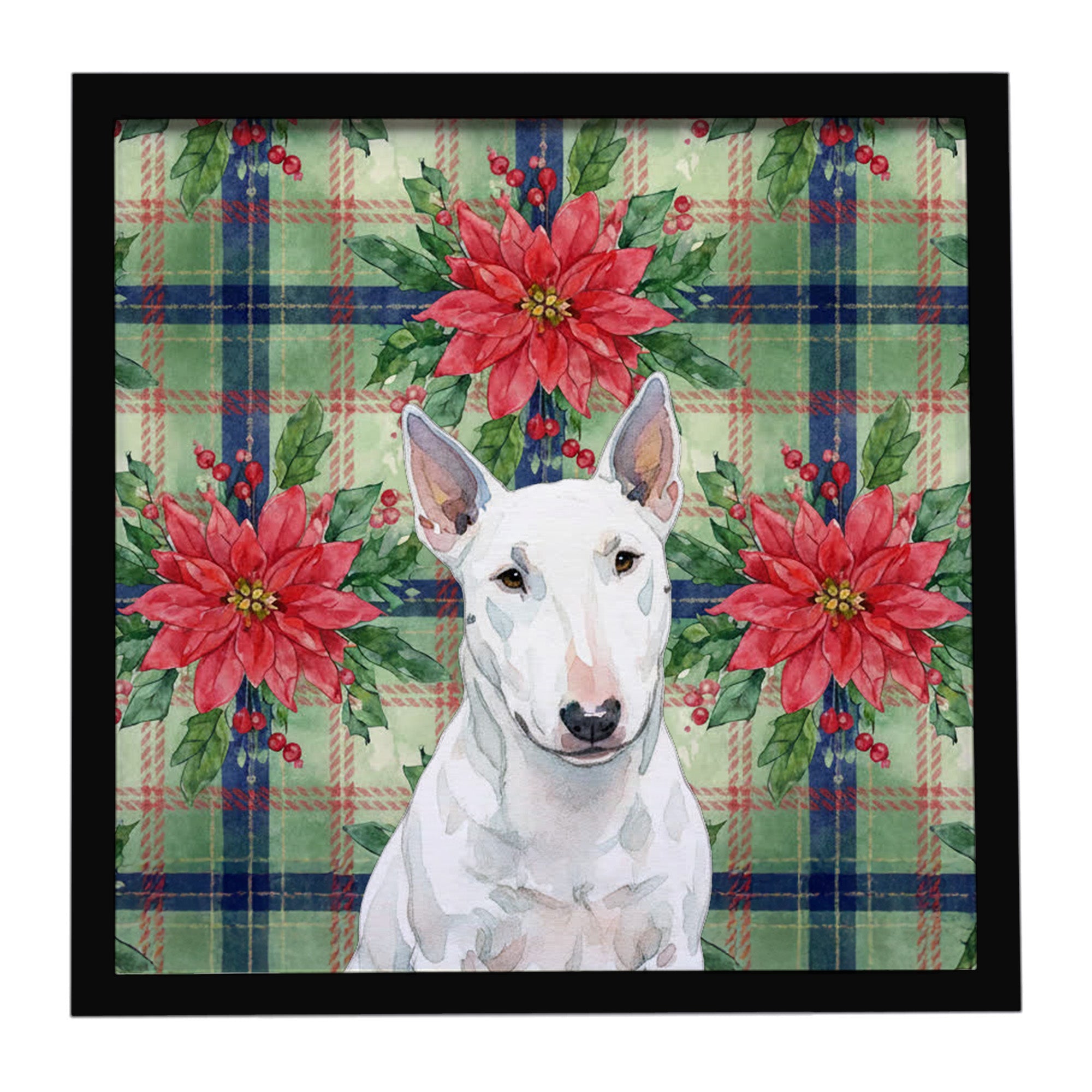 White Miniature Bull Terrier Christmas PoinsettIas Framed Metal Print Bathroom, Kitchen, Office, Home Decor Wall Art Ready to Hang, Square, 8X8
