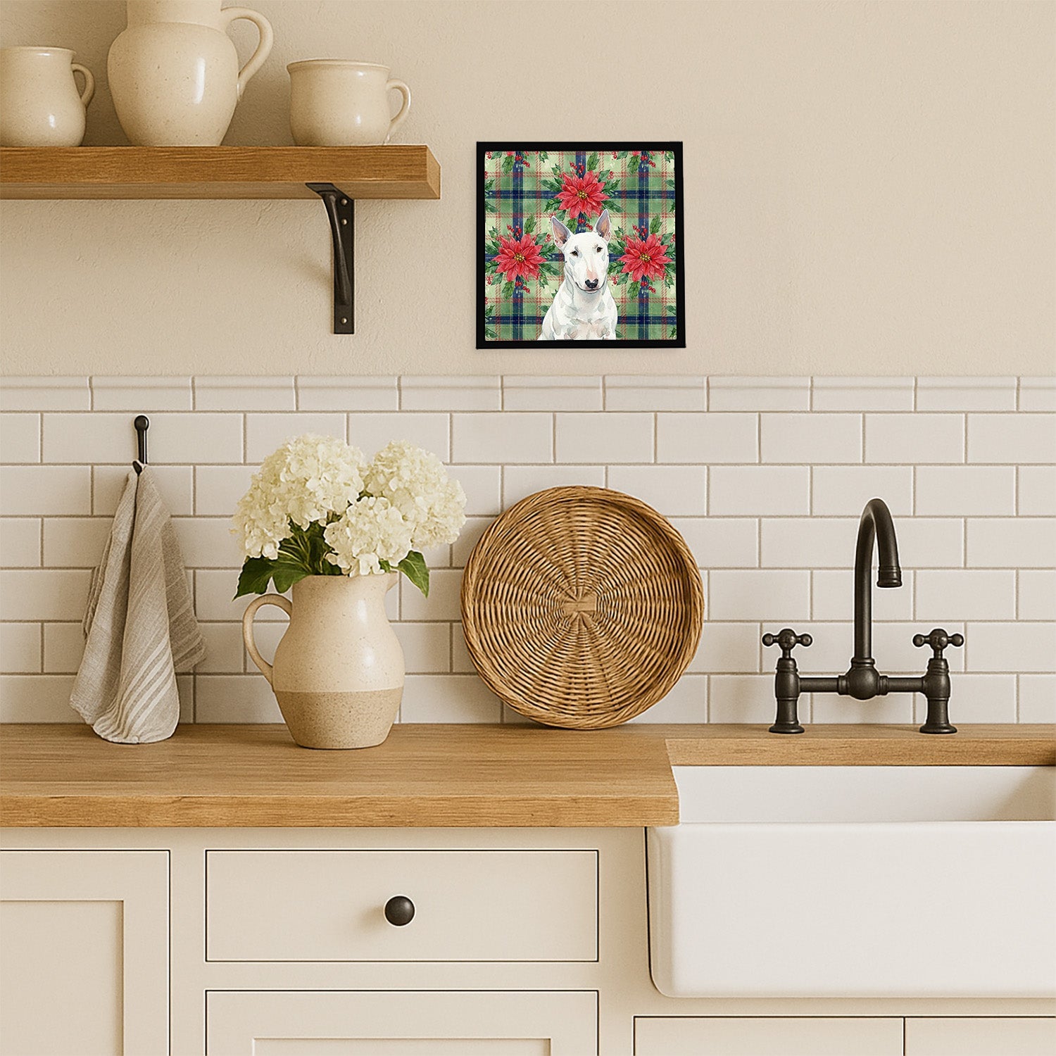 White Miniature Bull Terrier Christmas PoinsettIas Framed Metal Print Bathroom, Kitchen, Office, Home Decor Wall Art Ready to Hang, Square, 8X8