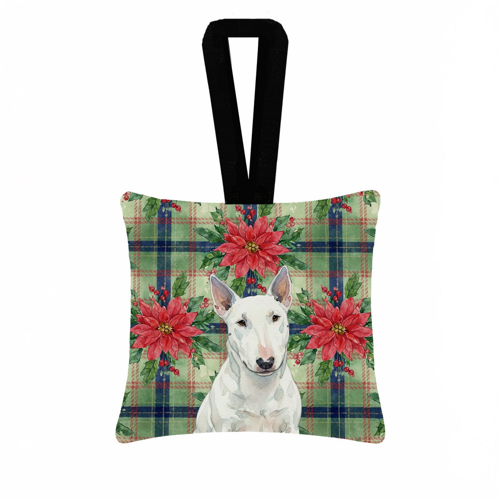 White Miniature Bull Terrier Christmas PoinsettIas Hanging Square Fabric Ornament 3.5 � 3.5 Decorative Door-Knob & Tree Hanger, Soft Fabric