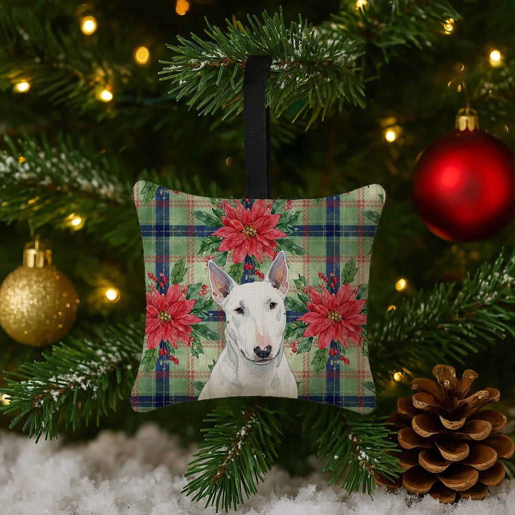 White Miniature Bull Terrier Christmas PoinsettIas Hanging Square Fabric Ornament 3.5 � 3.5 Decorative Door-Knob & Tree Hanger, Soft Fabric
