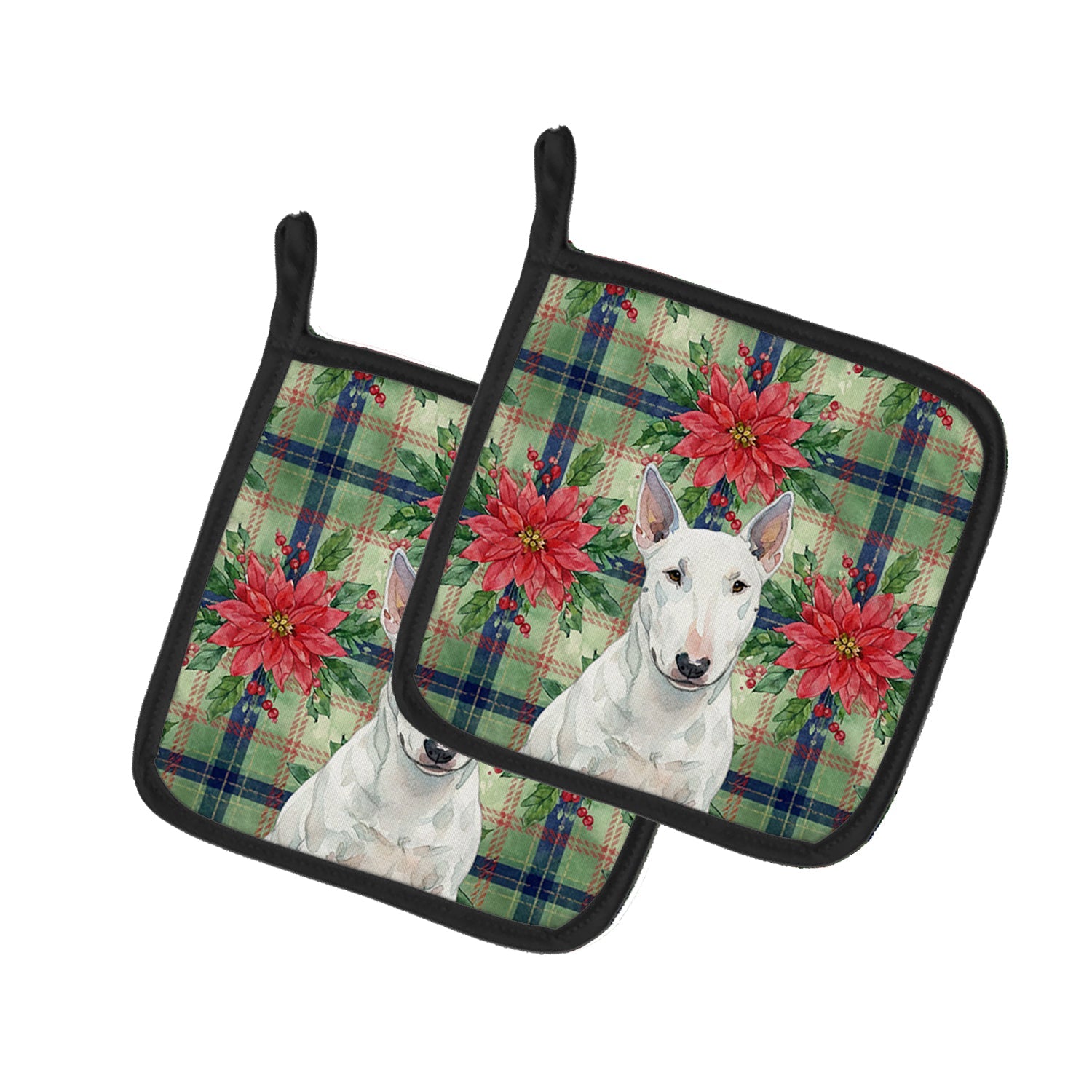 White Miniature Bull Terrier Christmas PoinsettIas Pot Holder Set of 2 Heat Resistant Quilted Hot Pads 7.5 x 7.5 Inch, Insulated Kitchen Trivets for Cooking & Baking