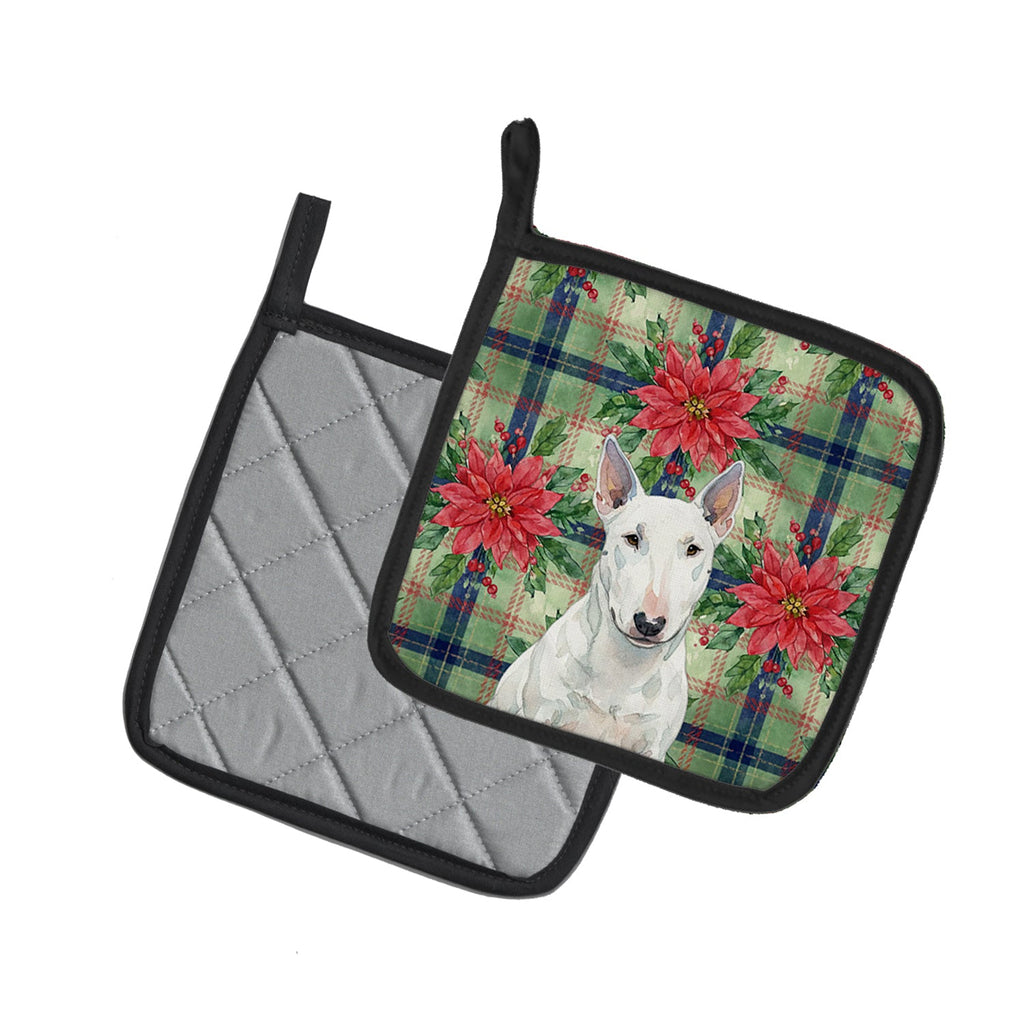 White Miniature Bull Terrier Christmas PoinsettIas Pot Holder Set of 2 Heat Resistant Quilted Hot Pads 7.5 x 7.5 Inch, Insulated Kitchen Trivets for Cooking & Baking