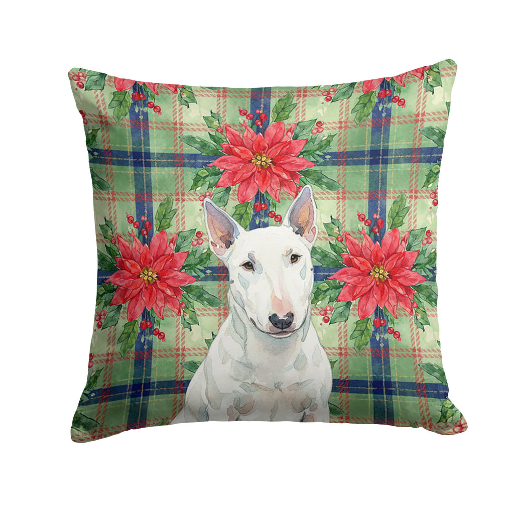 White Miniature Bull Terrier Christmas PoinsettIas Decorative Throw Pillow 14x14 Indoor Outdoor Accent Cushion, Fabric Cover with Insert for Sofa, Bed, Porch & Living Room