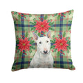 White Miniature Bull Terrier Christmas PoinsettIas Decorative Throw Pillow 14x14 Indoor Outdoor Accent Cushion, Fabric Cover with Insert for Sofa, Bed, Porch & Living Room