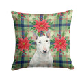 White Miniature Bull Terrier Christmas PoinsettIas Decorative Throw Pillow 18x18 Indoor Outdoor Accent Cushion, Fabric Cover with Insert for Sofa, Bed, Porch & Living Room