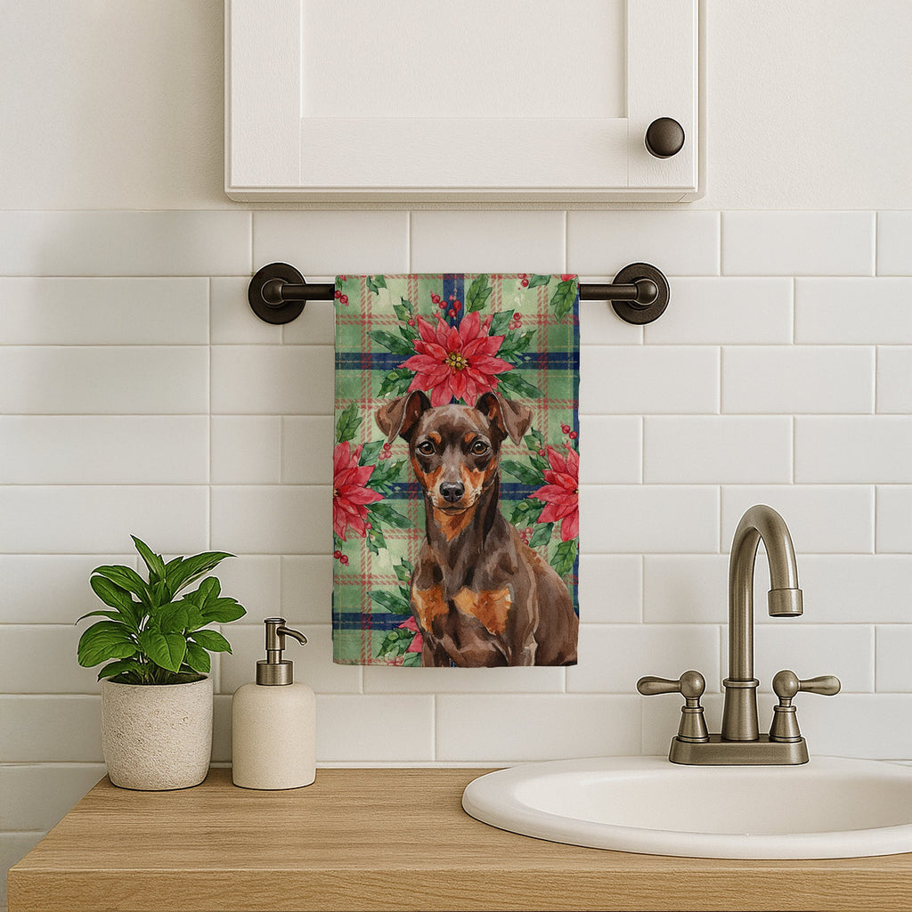 Chocolate and Rust Miniature Pinscher Min Pin Christmas PoinsettIas Kitchen Towel Velour Plush Front and Cotton Loop Back Machine Washable