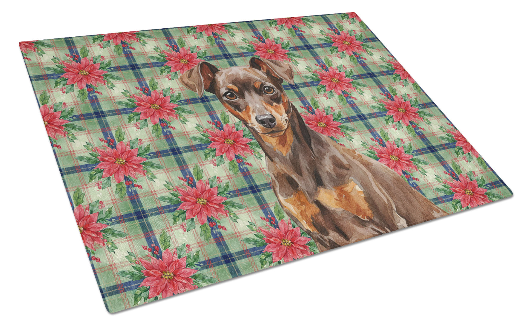 Chocolate and Rust Miniature Pinscher Min Pin Christmas PoinsettIas Cutting Board Tempered Glass Kitchen Cutting Surface, Heat Resistant Chopping, Non-Slip Feet, Food Prep & Serving