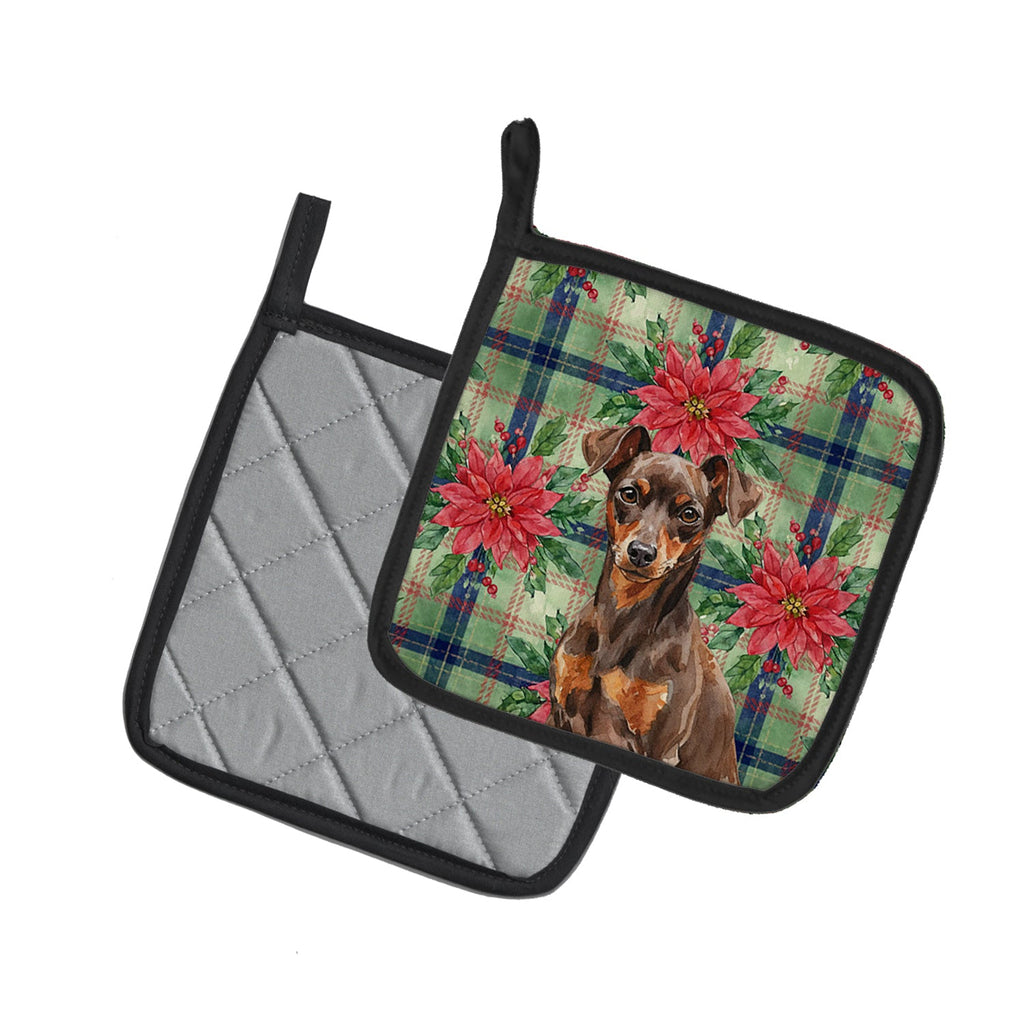 Chocolate and Rust Miniature Pinscher Min Pin Christmas PoinsettIas Pot Holder Set of 2 Heat Resistant Quilted Hot Pads 7.5 x 7.5 Inch, Insulated Kitchen Trivets for Cooking & Baking