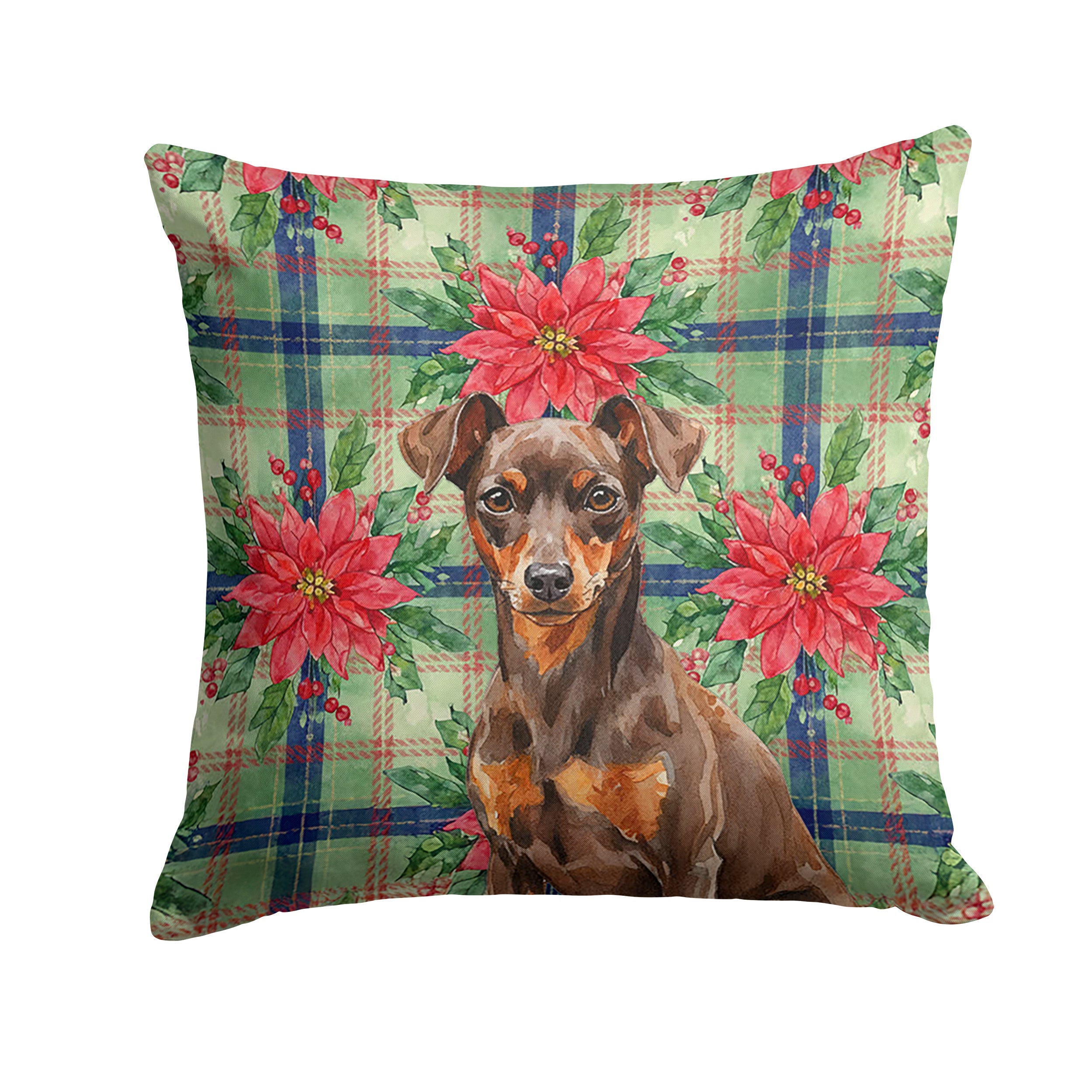 Chocolate and Rust Miniature Pinscher Min Pin Christmas PoinsettIas Decorative Throw Pillow 14x14 Indoor Outdoor Accent Cushion, Fabric Cover with Insert for Sofa, Bed, Porch & Living Room