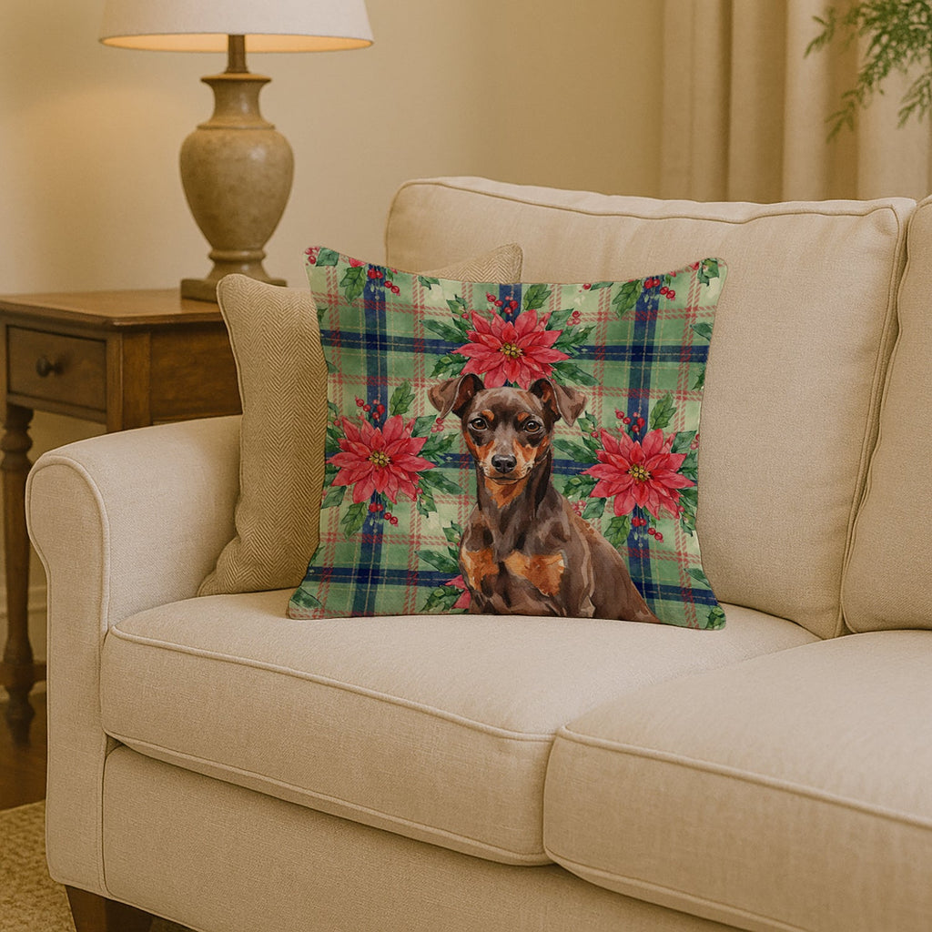 Chocolate and Rust Miniature Pinscher Min Pin Christmas PoinsettIas Decorative Throw Pillow 14x14 Indoor Outdoor Accent Cushion, Fabric Cover with Insert for Sofa, Bed, Porch & Living Room