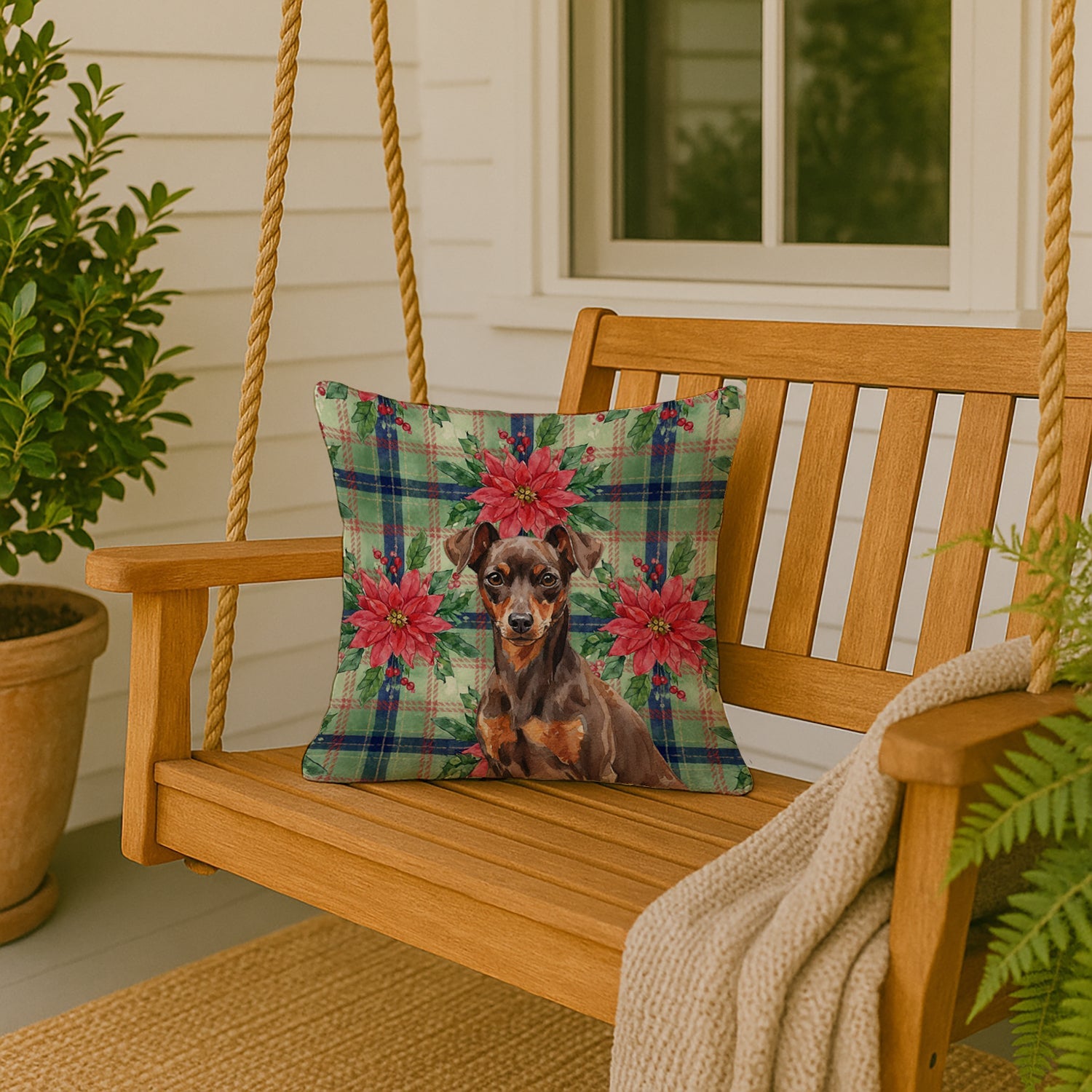 Chocolate and Rust Miniature Pinscher Min Pin Christmas PoinsettIas Decorative Throw Pillow 18x18 Indoor Outdoor Accent Cushion, Fabric Cover with Insert for Sofa, Bed, Porch & Living Room