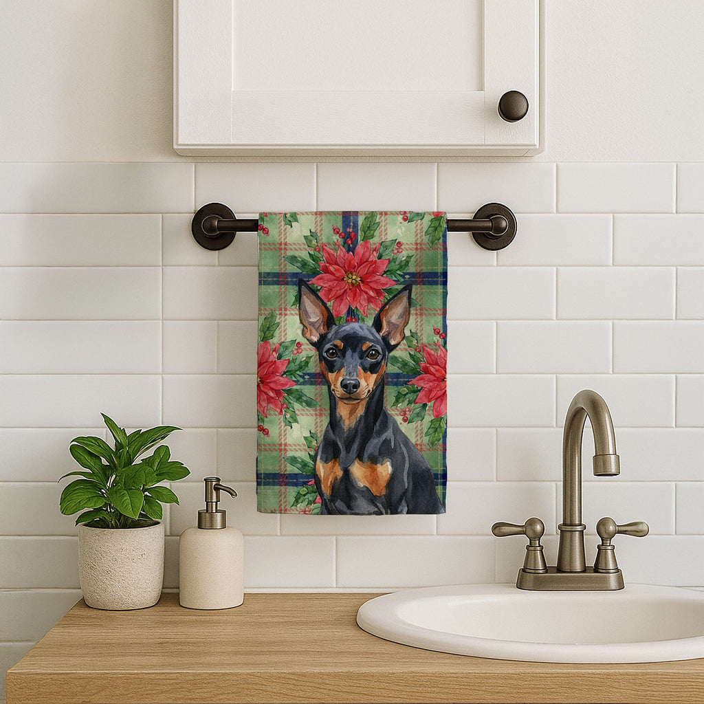 Black and Tan Miniature Pinscher Christmas PoinsettIas Kitchen Towel Velour Plush Front and Cotton Loop Back Machine Washable
