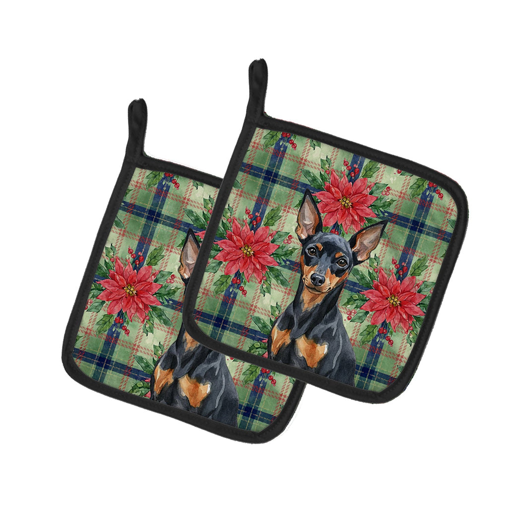 Black and Tan Miniature Pinscher Christmas PoinsettIas Pot Holder Set of 2 Heat Resistant Quilted Hot Pads 7.5 x 7.5 Inch, Insulated Kitchen Trivets for Cooking & Baking