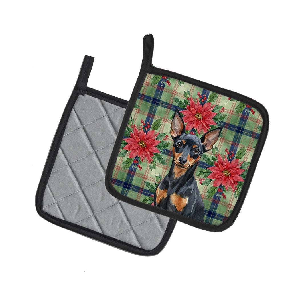 Black and Tan Miniature Pinscher Christmas PoinsettIas Pot Holder Set of 2 Heat Resistant Quilted Hot Pads 7.5 x 7.5 Inch, Insulated Kitchen Trivets for Cooking & Baking