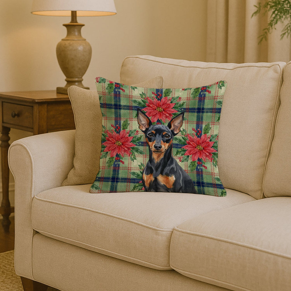 Black and Tan Miniature Pinscher Christmas PoinsettIas Decorative Throw Pillow 14x14 Indoor Outdoor Accent Cushion, Fabric Cover with Insert for Sofa, Bed, Porch & Living Room