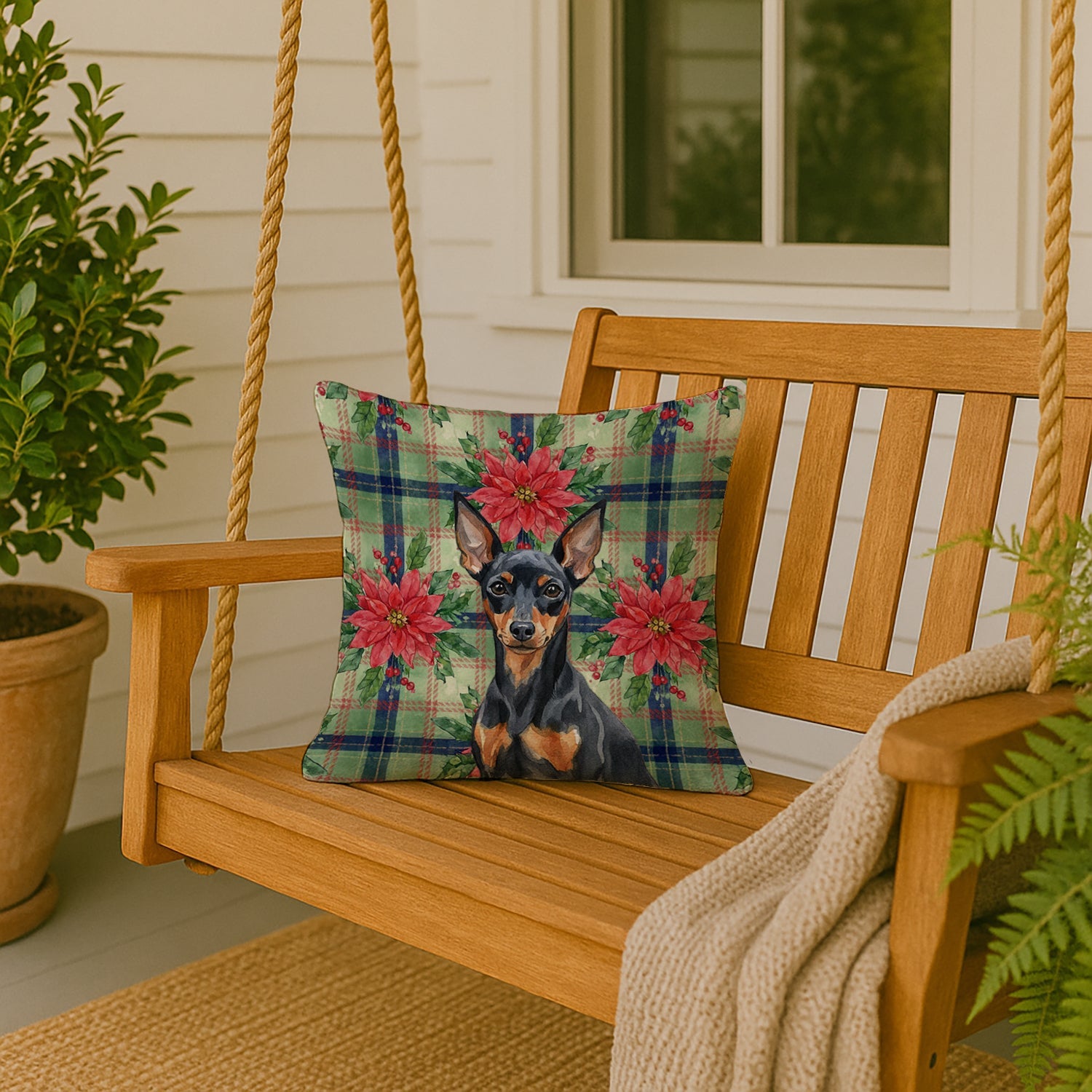 Black and Tan Miniature Pinscher Christmas PoinsettIas Decorative Throw Pillow 18x18 Indoor Outdoor Accent Cushion, Fabric Cover with Insert for Sofa, Bed, Porch & Living Room